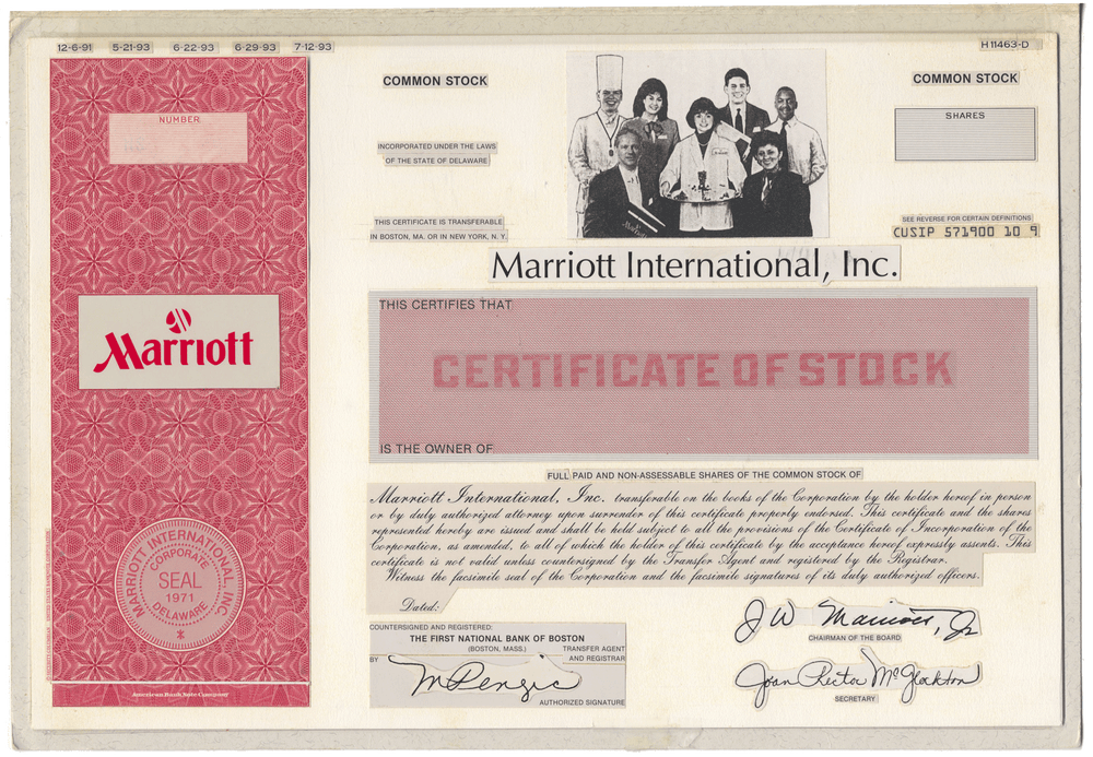 Very Rare MARRIOTT HOTELS Working Proof of Common Stock