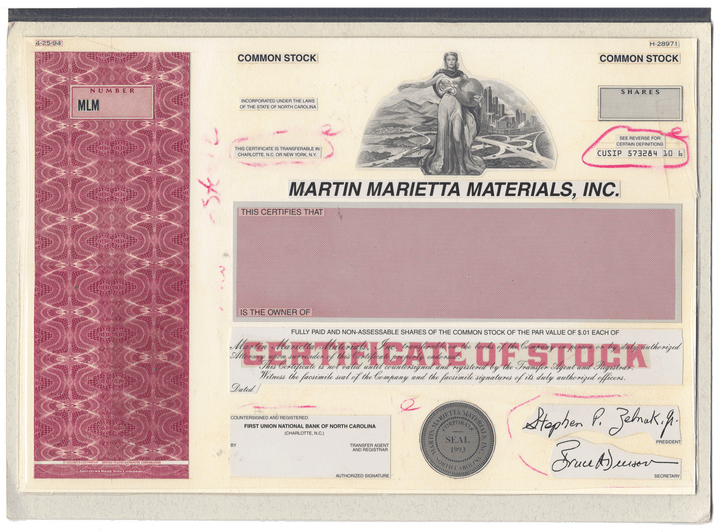 Working Proof from Martin Marietta Materials for the company's Common Stock