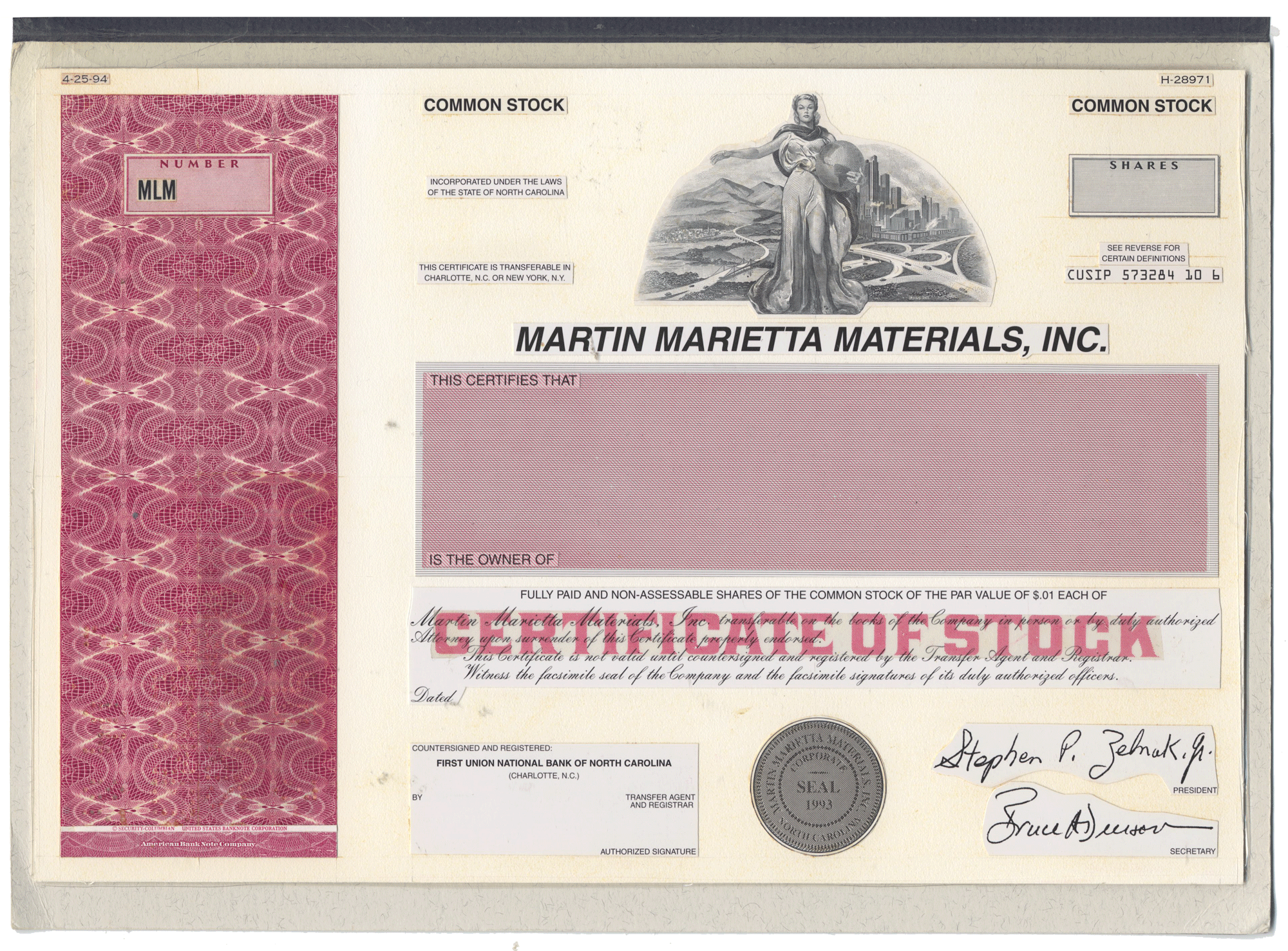Working Proof from Martin Marietta Materials for the company's Common Stock
