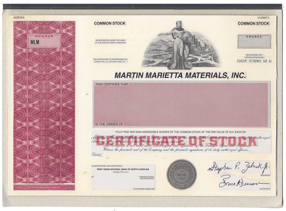 Working Proof from Martin Marietta Materials for the company's Common Stock