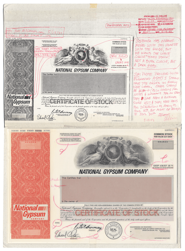 Working Proof from National Gypsum for the company's Common Stock certificates