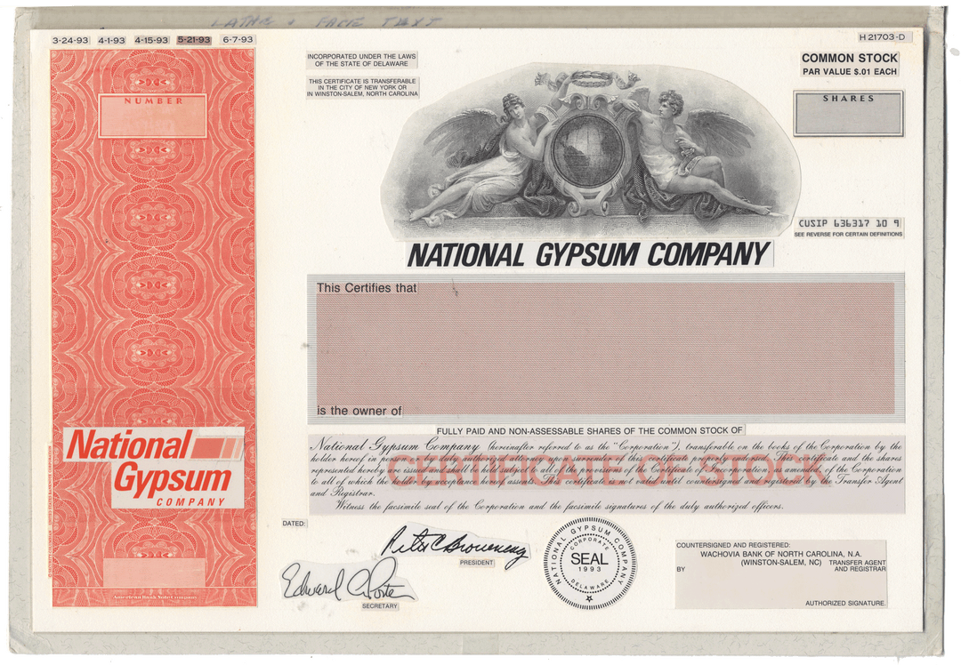 Working Proof from National Gypsum for the company's Common Stock certificates
