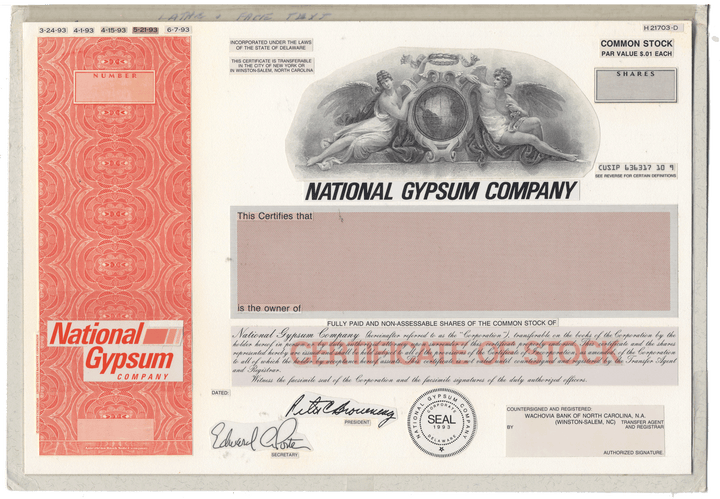Working Proof from National Gypsum for the company's Common Stock certificates