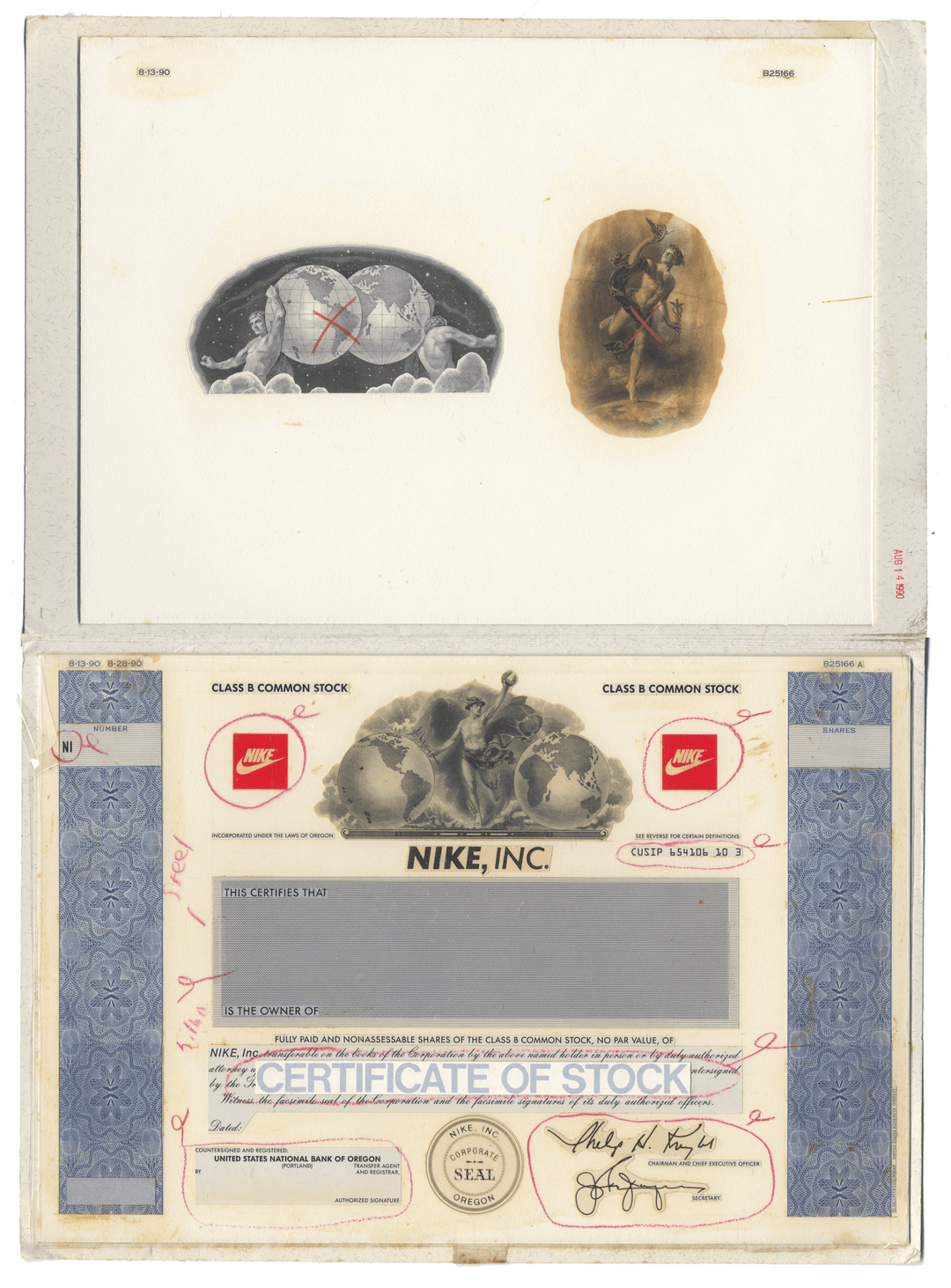 Extremely rare Nike, Inc. working proof for one of the company's stock certificates