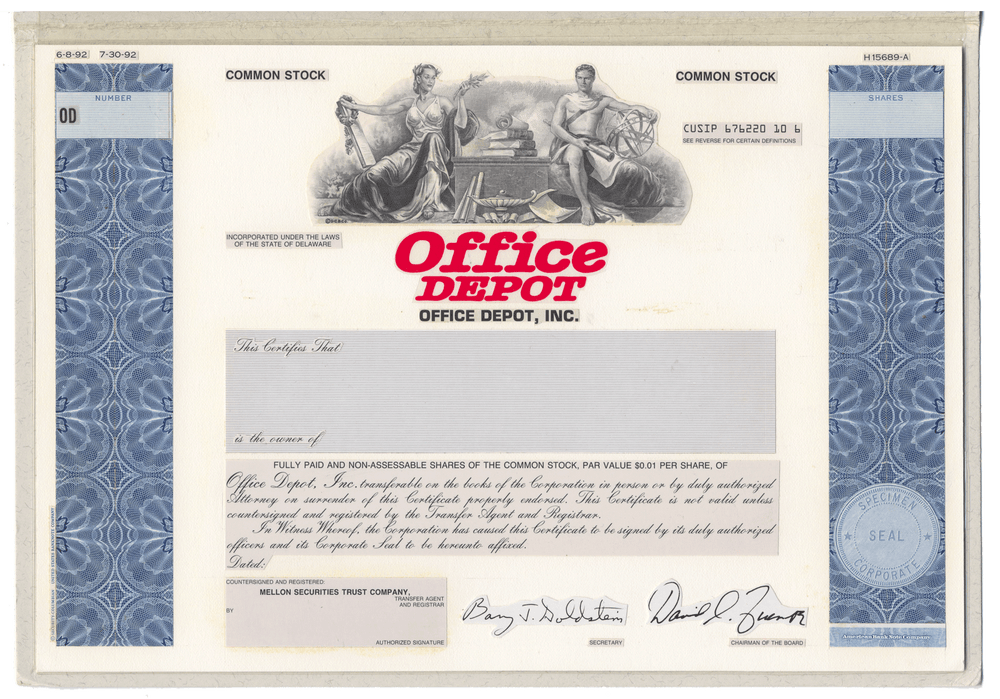 Very Rare OFFICE DEPOT Working Proof for Common Stock