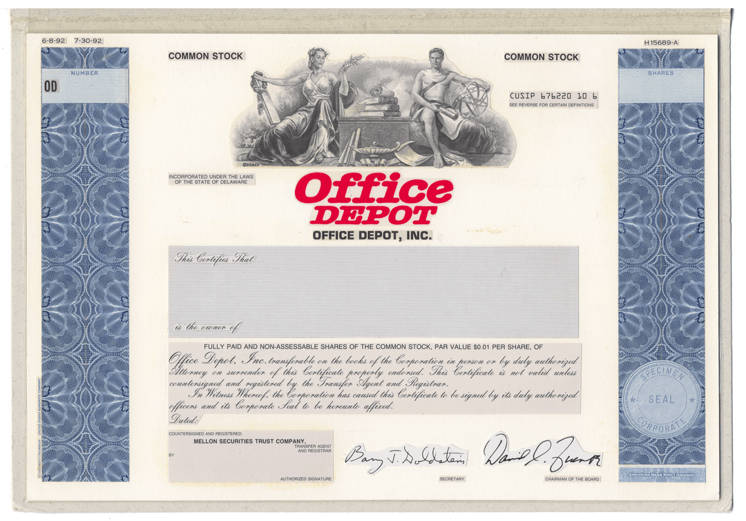 Very Rare OFFICE DEPOT Working Proof for Common Stock