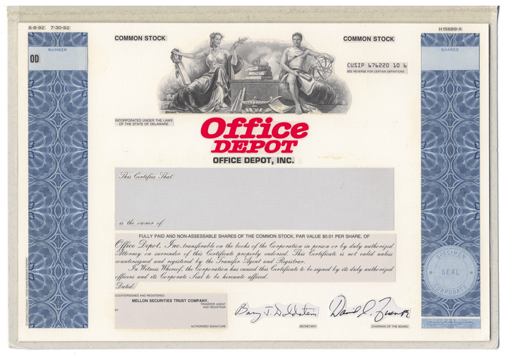 Very Rare OFFICE DEPOT Working Proof for Common Stock