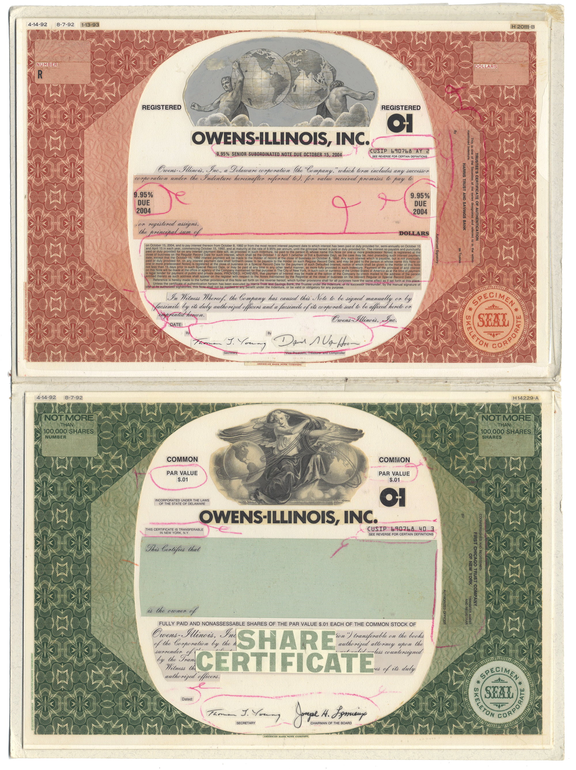 Working Proof from Owens-Illinois Inc. for the company's Common Stock and Subordinated Debenture Note