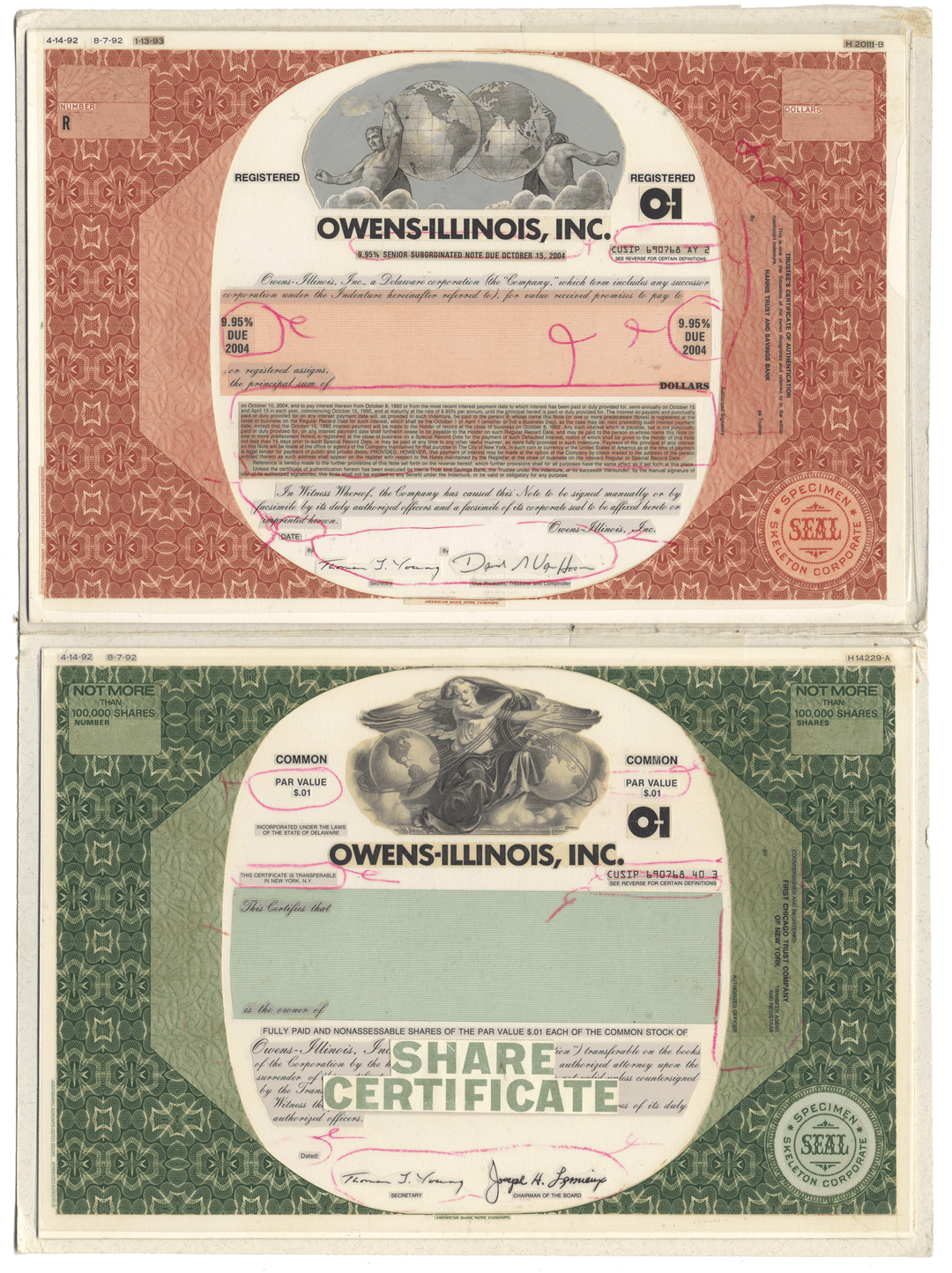Working Proof from Owens-Illinois Inc. for the company's Common Stock and Subordinated Debenture Note