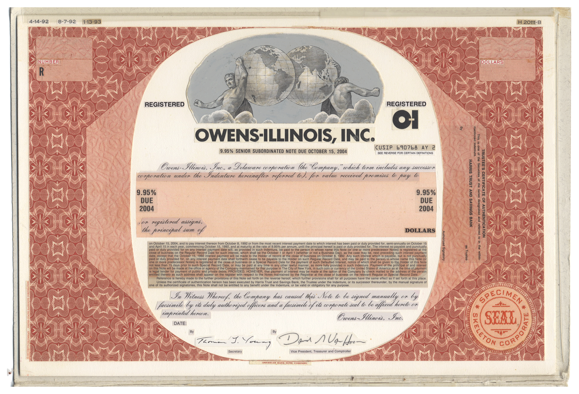 Working Proof from Owens-Illinois Inc. for the company's Common Stock and Subordinated Debenture Note