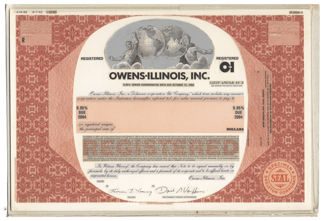 Working Proof from Owens-Illinois Inc. for the company's Common Stock and Subordinated Debenture Note