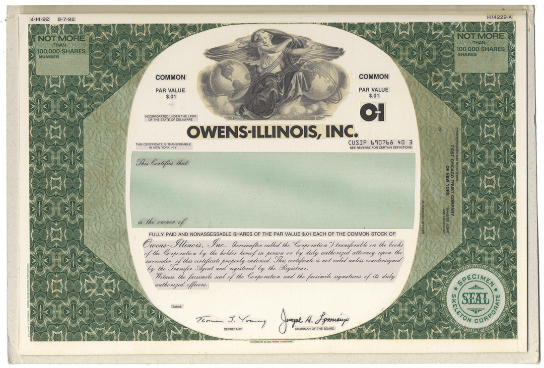 Working Proof from Owens-Illinois Inc. for the company's Common Stock and Subordinated Debenture Note