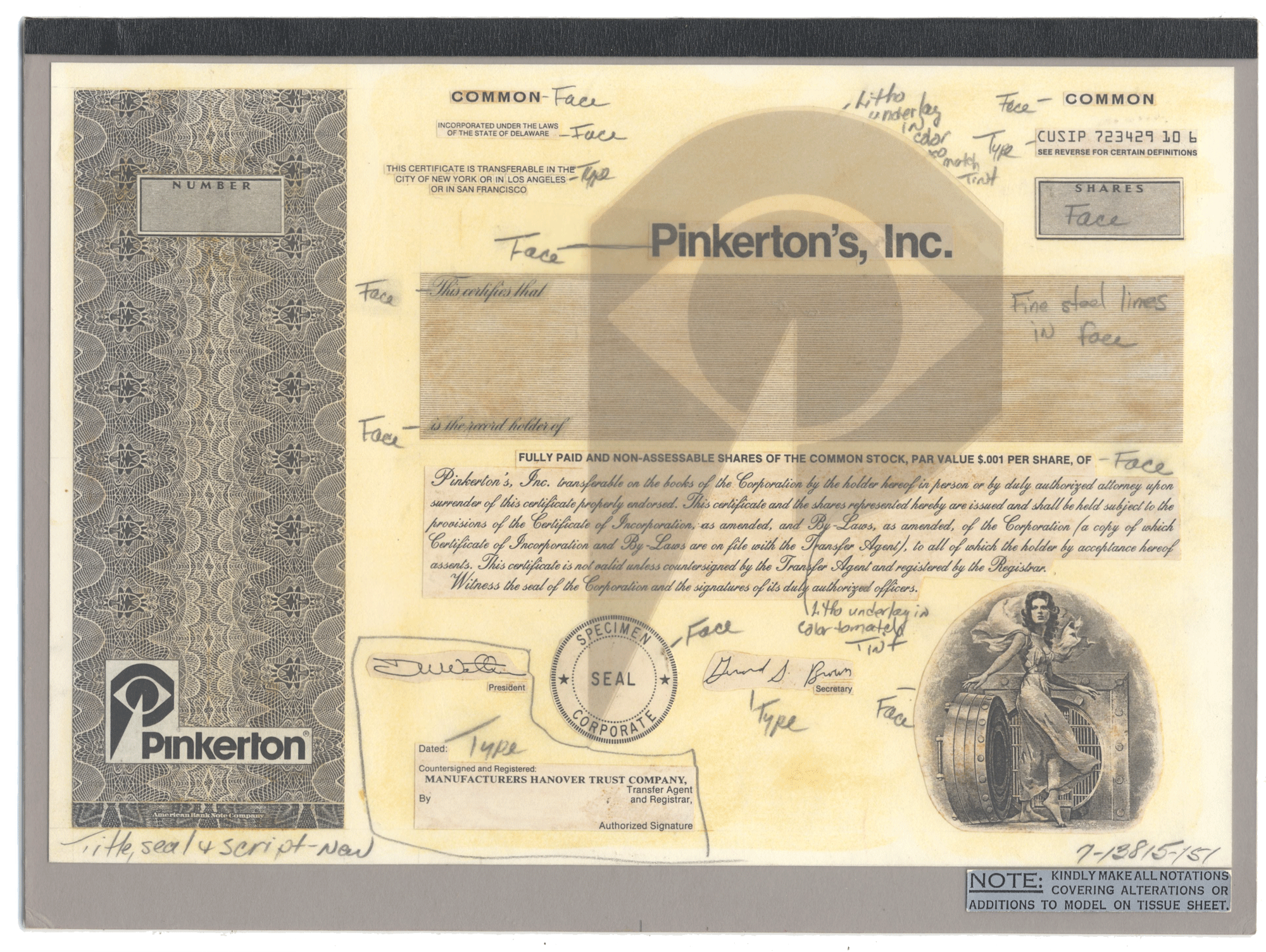 Working Proof from Pinkerton's for the company's Common Stock