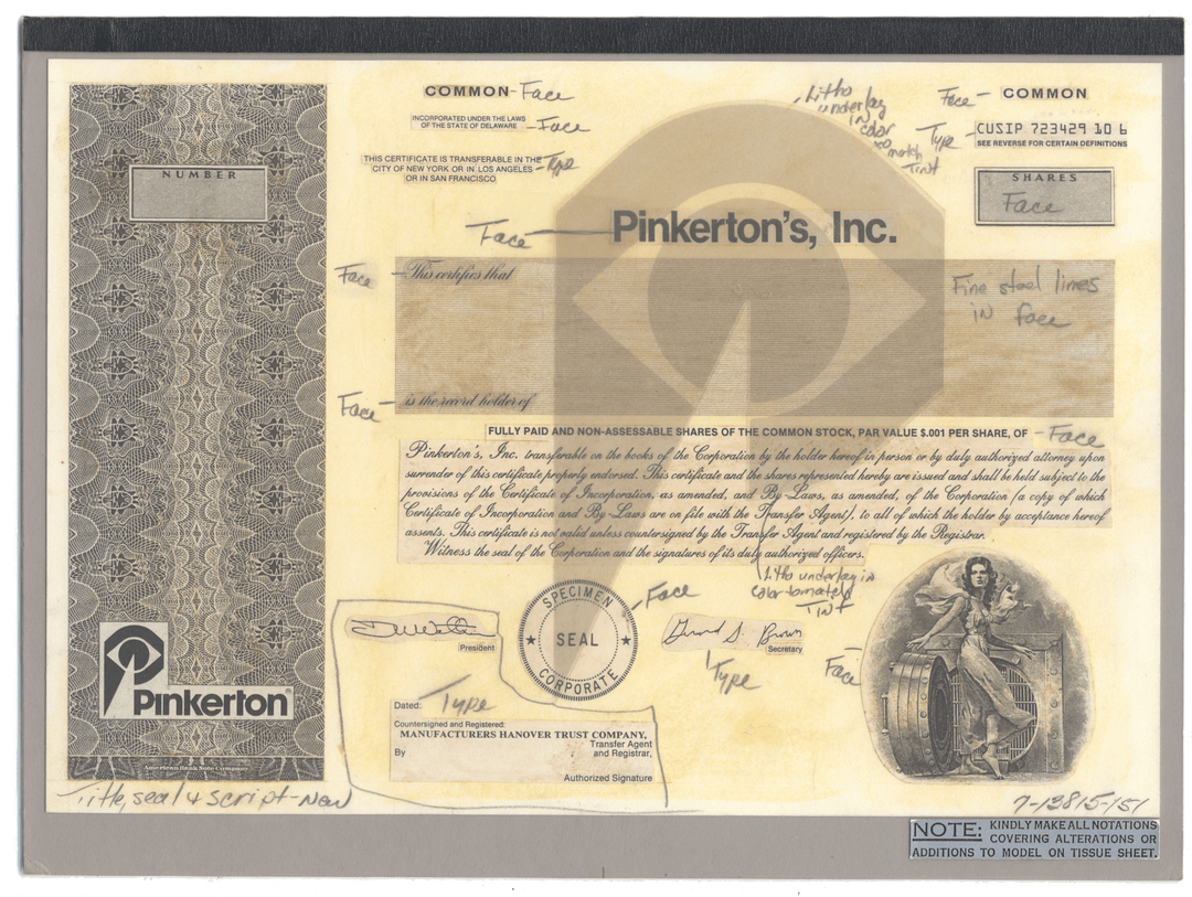 Working Proof from Pinkerton's for the company's Common Stock
