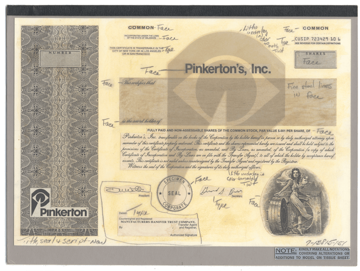 Working Proof from Pinkerton's for the company's Common Stock
