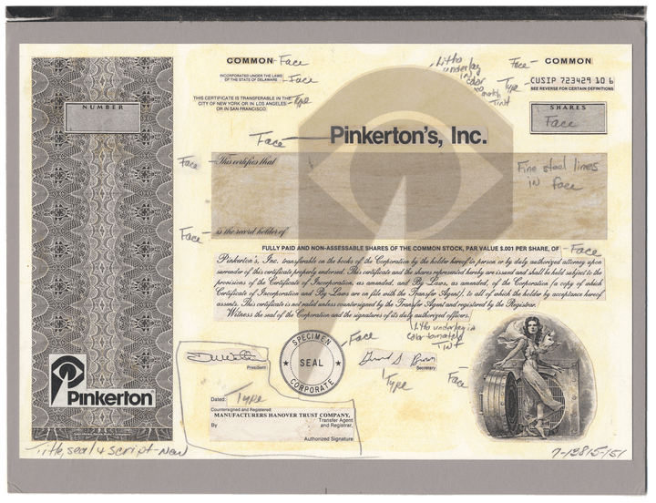 Working Proof from Pinkerton's for the company's Common Stock