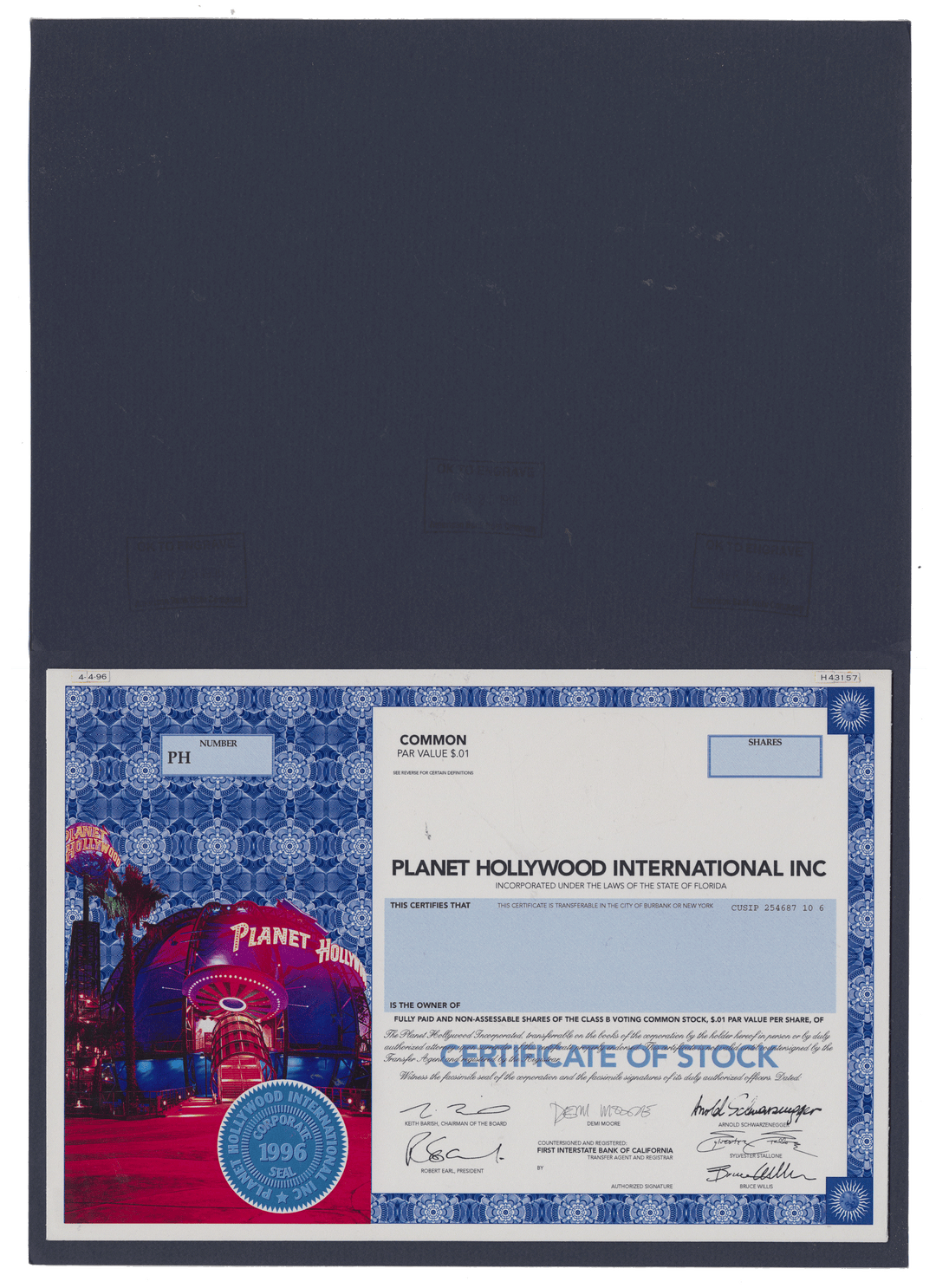 Working Proof from PLANET HOLLYWOOD of the company's Class B Voting Common Stock