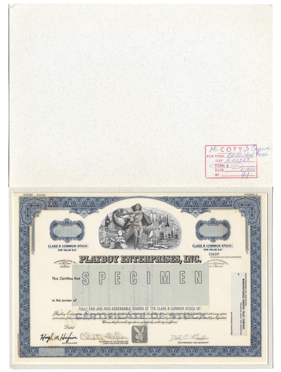 Rare Playboy Enteprises working proof of the company's Class B Common stock