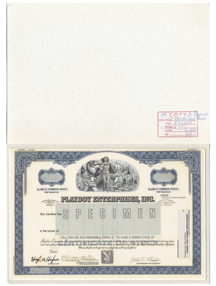 Rare Playboy Enteprises working proof of the company's Class B Common stock