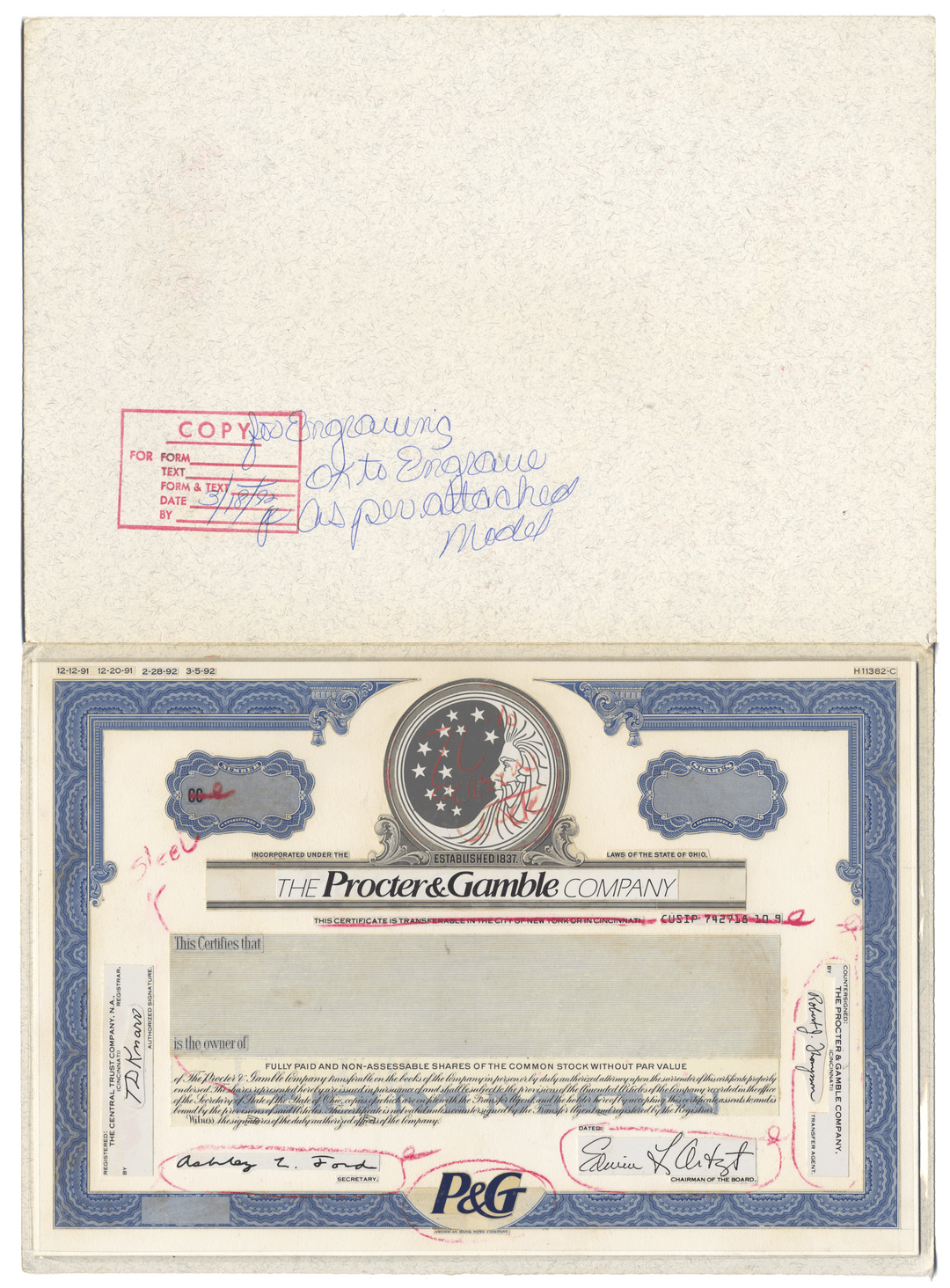 Very Rare PROCTER & GAMBLE Working Proof for the company's common stock
