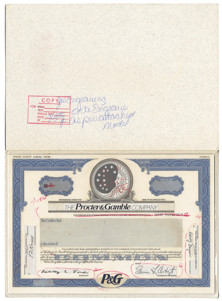 Very Rare PROCTER & GAMBLE Working Proof for the company's common stock