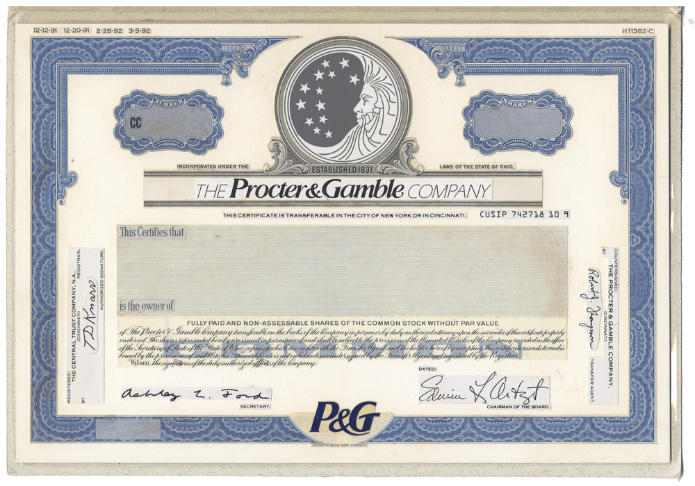 Very Rare PROCTER & GAMBLE Working Proof for the company's common stock