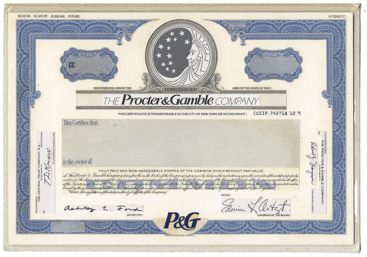 Very Rare PROCTER & GAMBLE Working Proof for the company's common stock