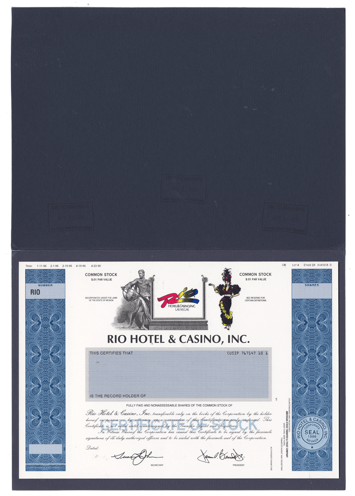 Working Proof from the Rio Hotel & Casino of the company's Common Stock