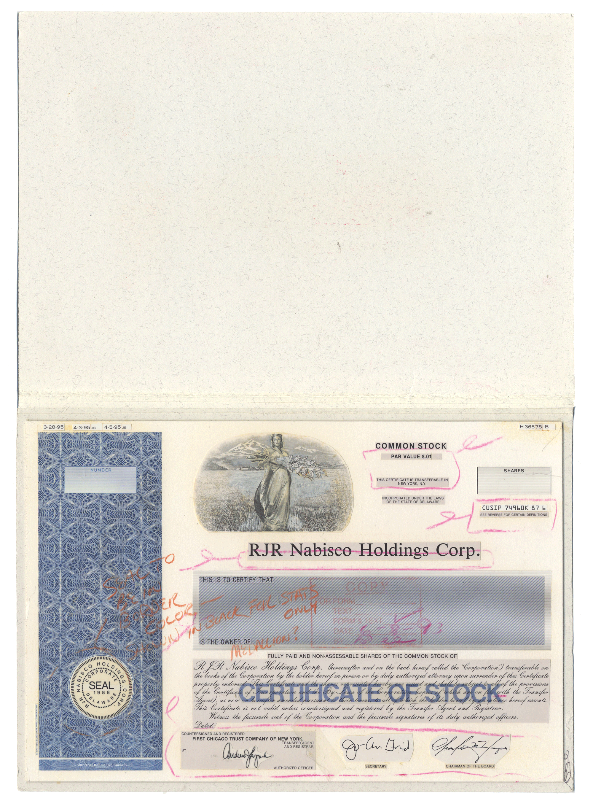 Working Proof from RJR Nabisco for one of the company's Common Stock certificates