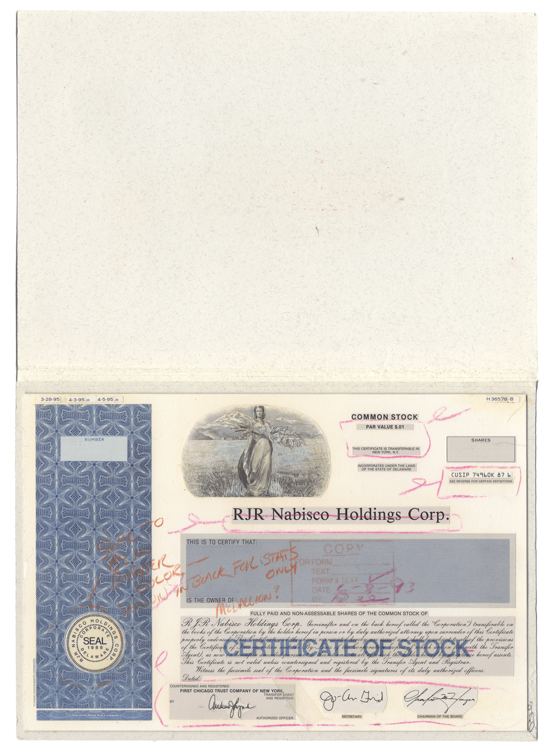 Working Proof from RJR Nabisco for one of the company's Common Stock certificates