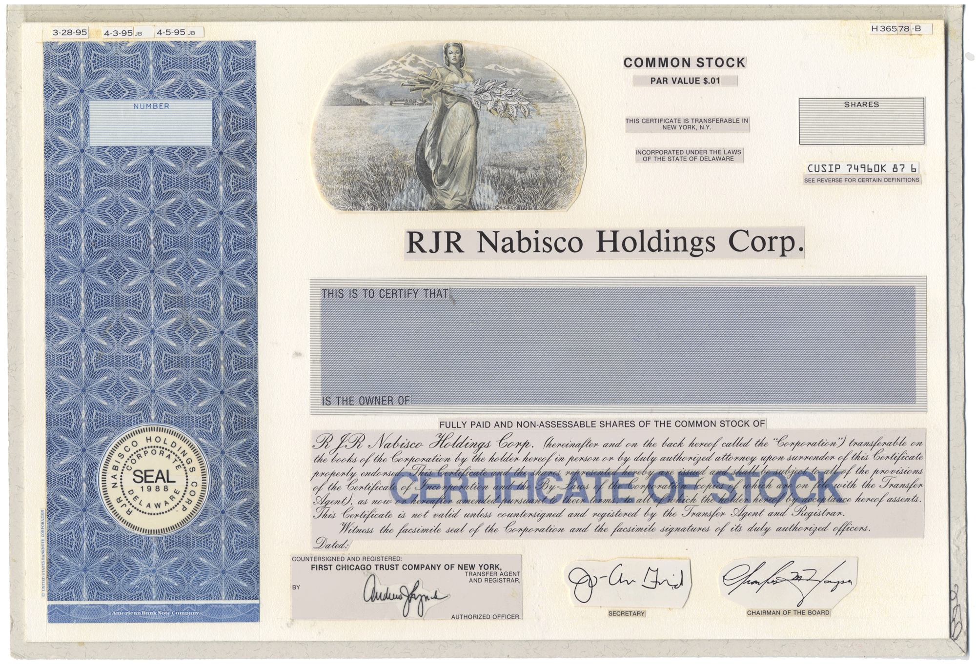Working Proof from RJR Nabisco for one of the company's Common Stock certificates