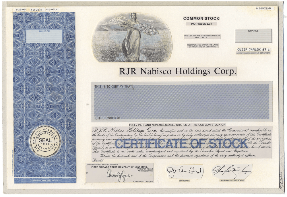 Working Proof from RJR Nabisco for one of the company's Common Stock certificates