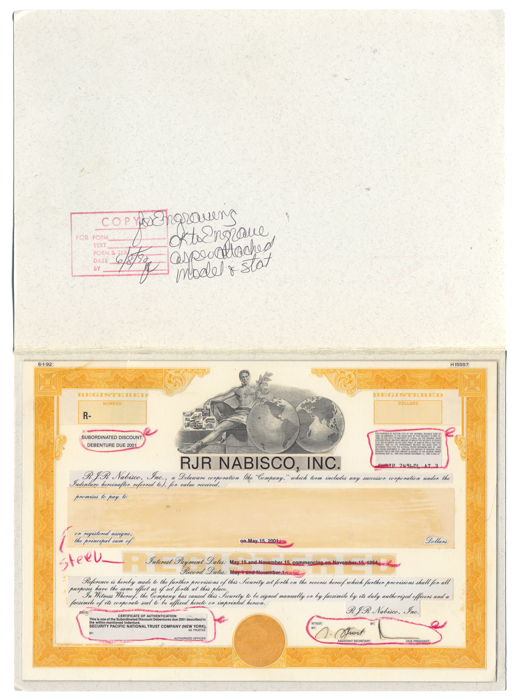 Working Proof from RJR Nabisco for one of the company's Subordinated Debenture Bonds