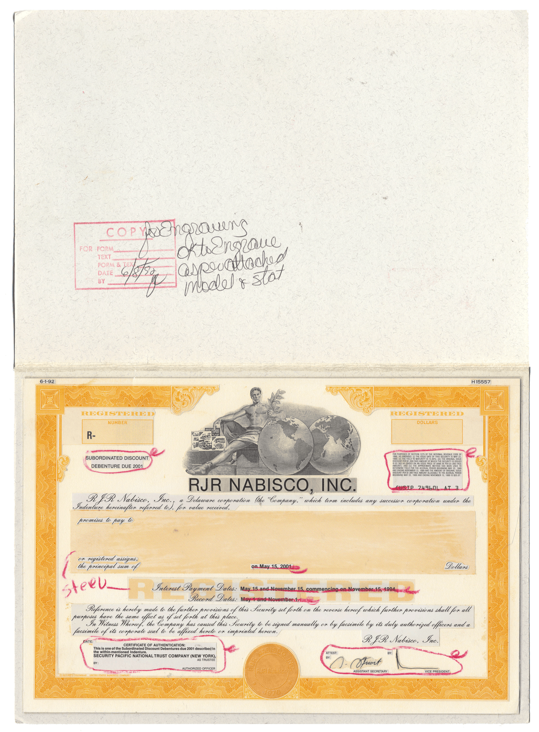 Working Proof from RJR Nabisco for one of the company's Subordinated Debenture Bonds