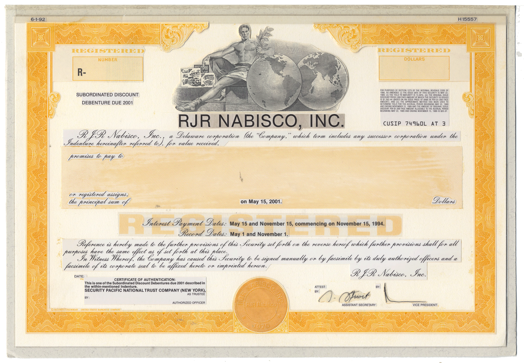 Working Proof from RJR Nabisco for one of the company's Subordinated Debenture Bonds
