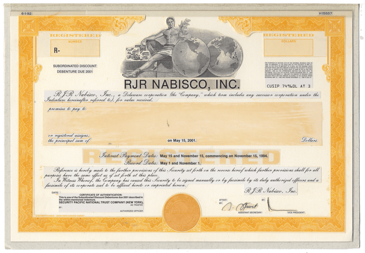 Working Proof from RJR Nabisco for one of the company's Subordinated Debenture Bonds