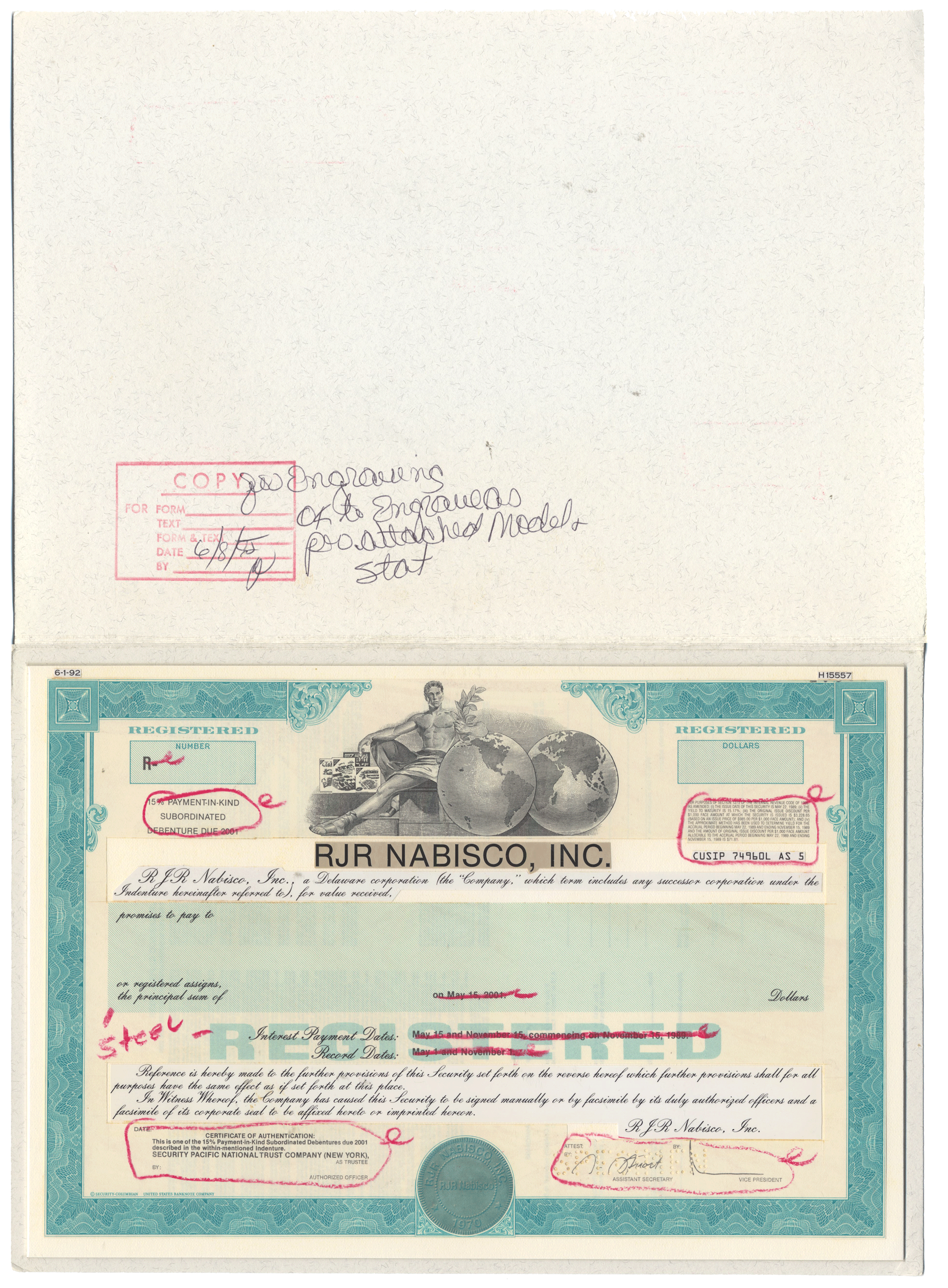 Working Proof from RJR Nabisco for one of the company's Subordinated Debenture Bonds