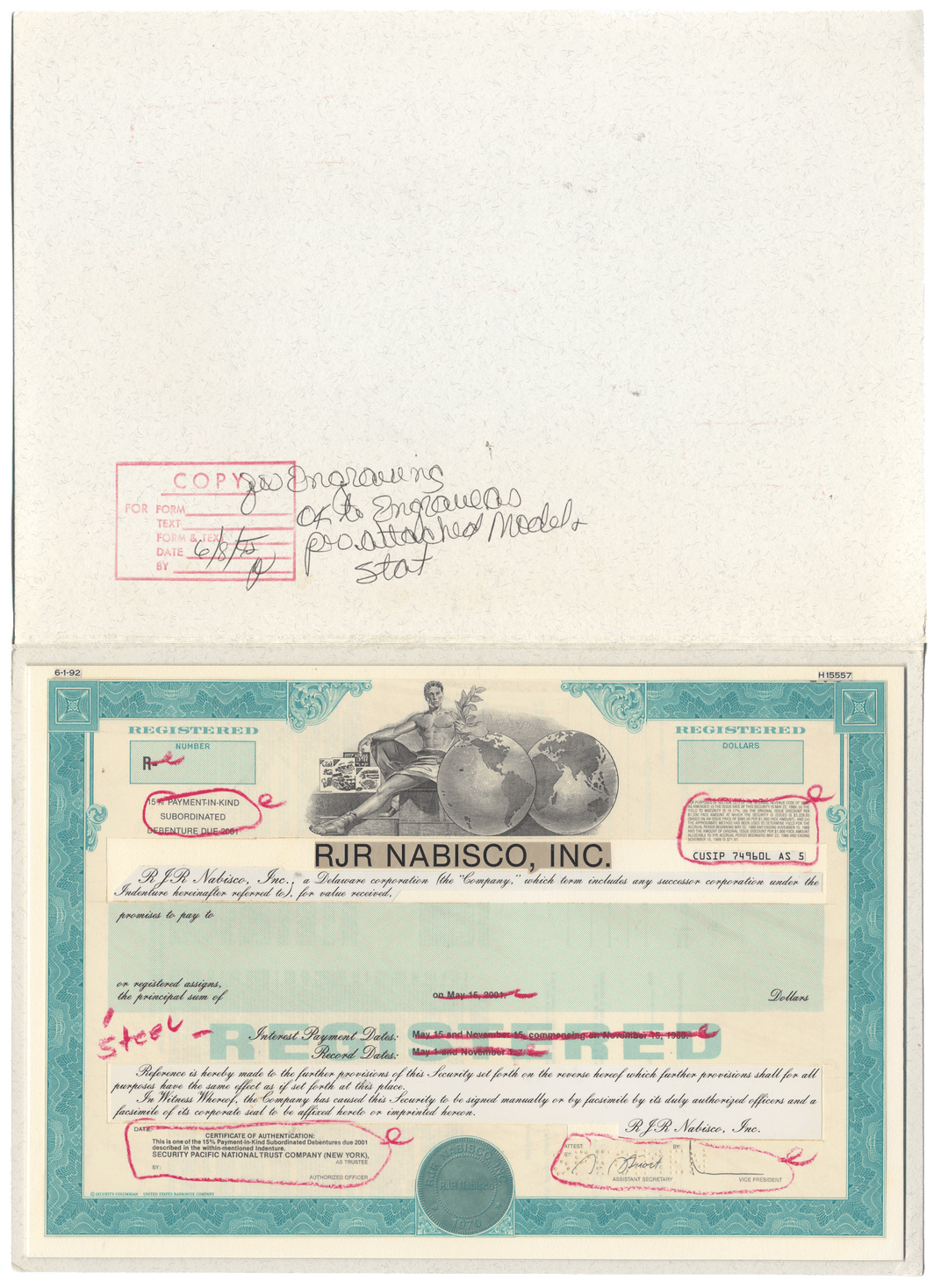 Working Proof from RJR Nabisco for one of the company's Subordinated Debenture Bonds