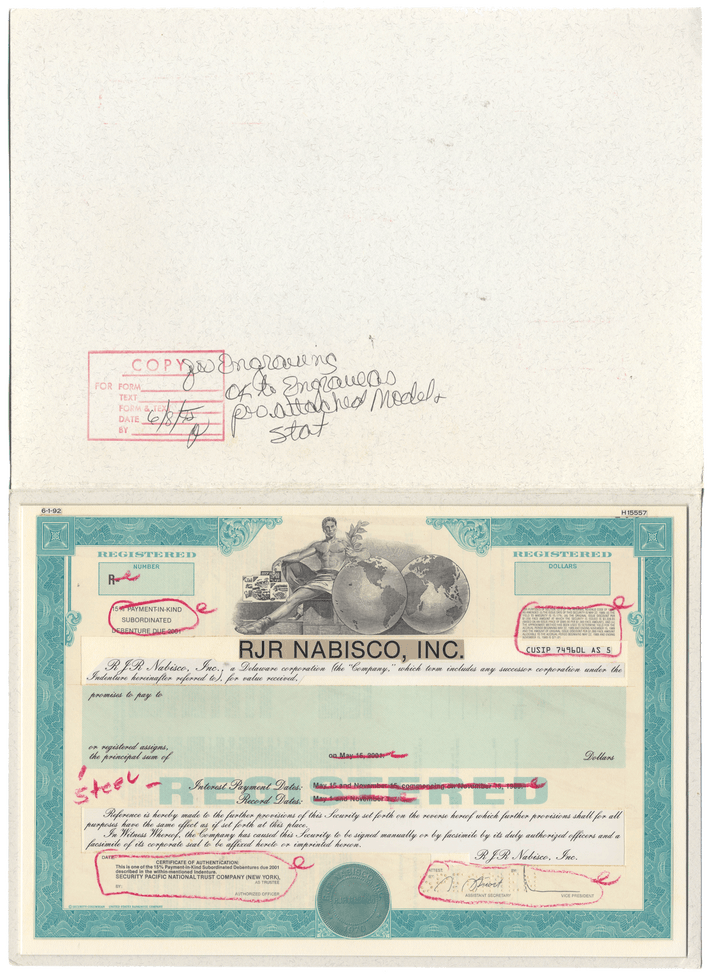 Working Proof from RJR Nabisco for one of the company's Subordinated Debenture Bonds