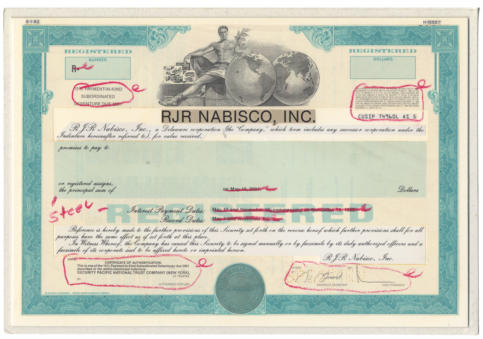 Working Proof from RJR Nabisco for one of the company's Subordinated Debenture Bonds