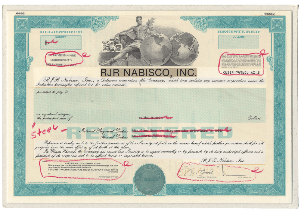 Working Proof from RJR Nabisco for one of the company's Subordinated Debenture Bonds