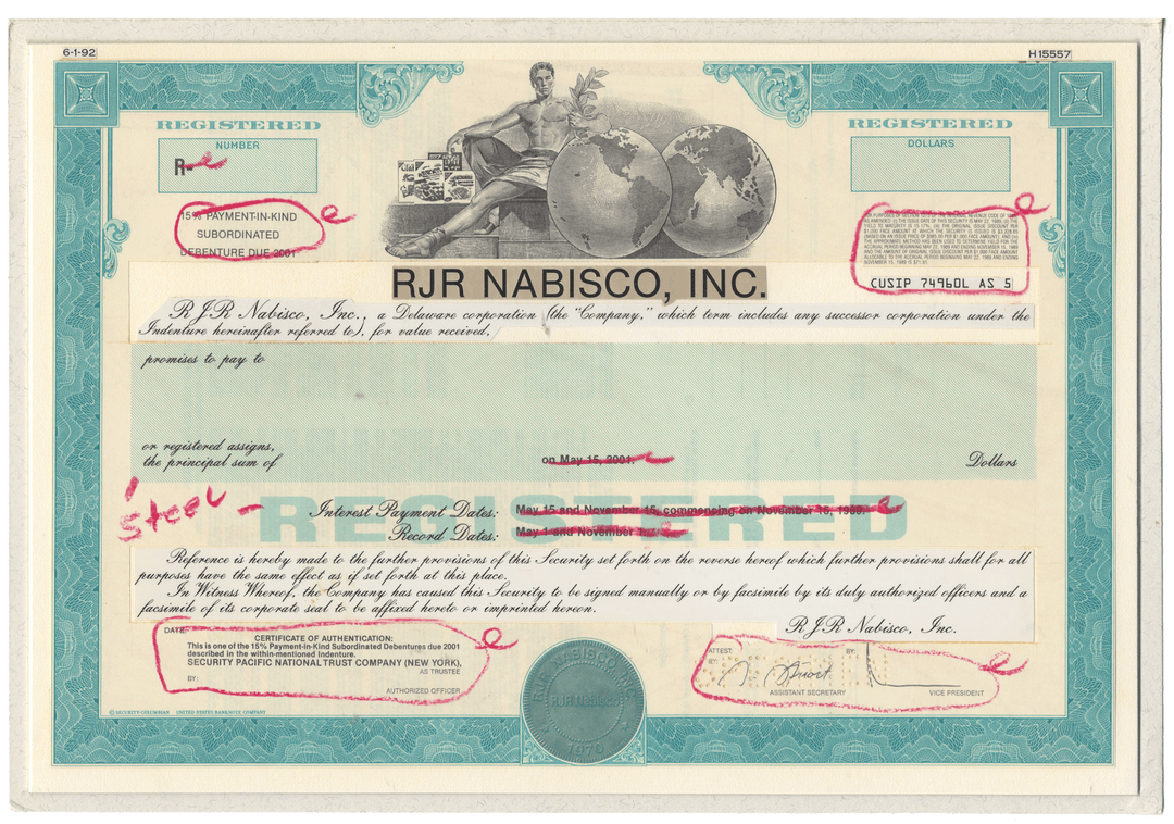 Working Proof from RJR Nabisco for one of the company's Subordinated Debenture Bonds