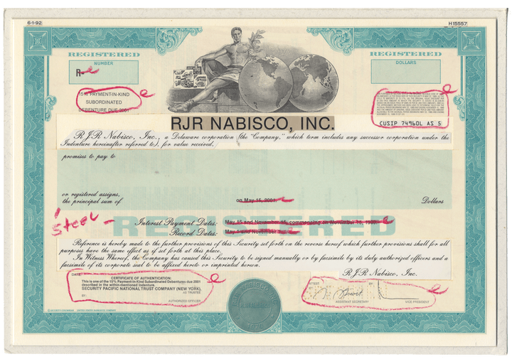 Working Proof from RJR Nabisco for one of the company's Subordinated Debenture Bonds