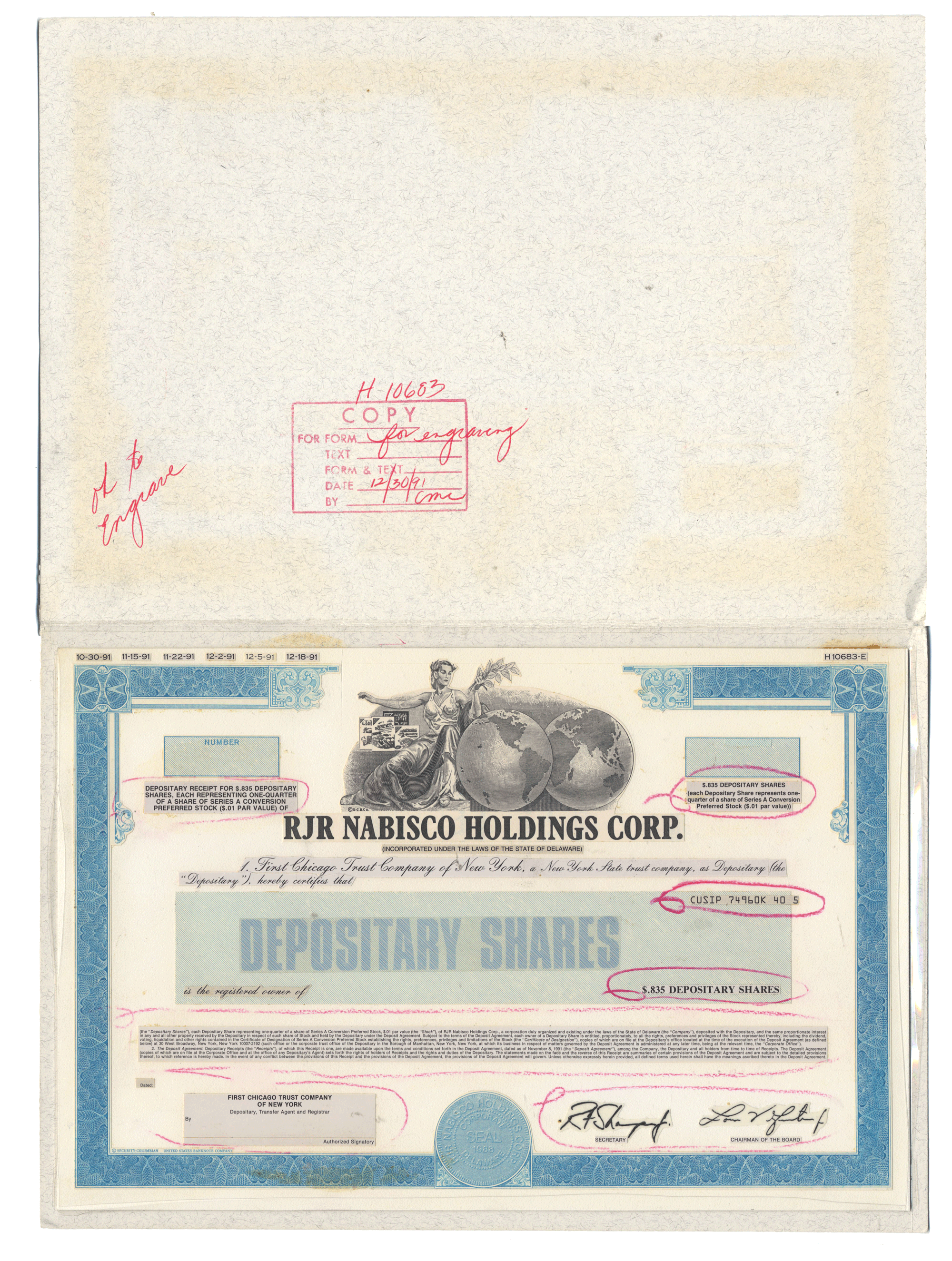 Working Proof from RJR Nabisco for the company's Depositary Shares