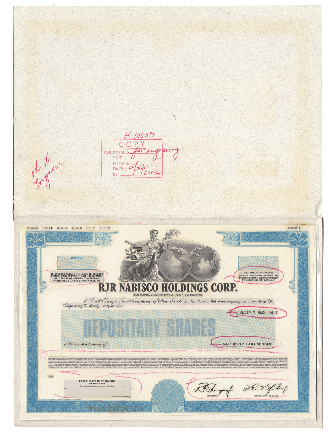 Working Proof from RJR Nabisco for the company's Depositary Shares