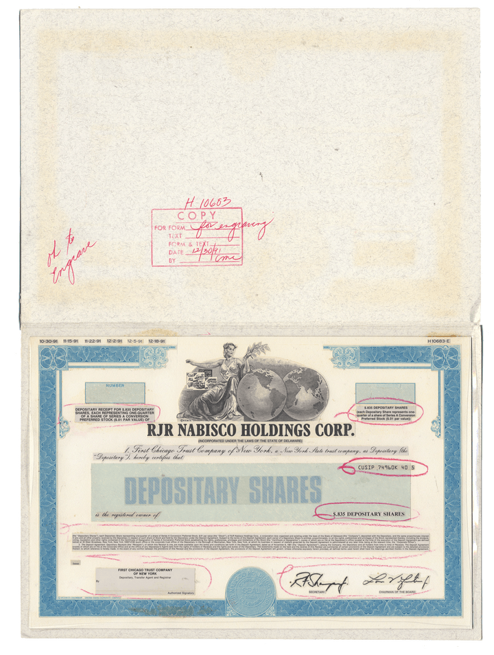 Working Proof from RJR Nabisco for the company's Depositary Shares