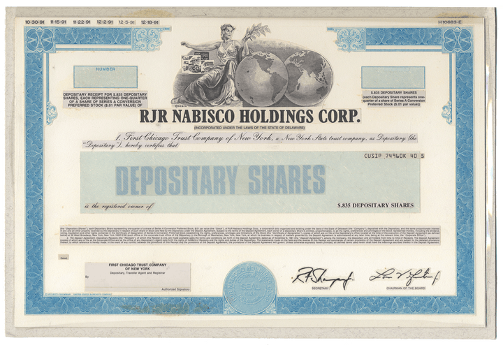 Working Proof from RJR Nabisco for the company's Depositary Shares