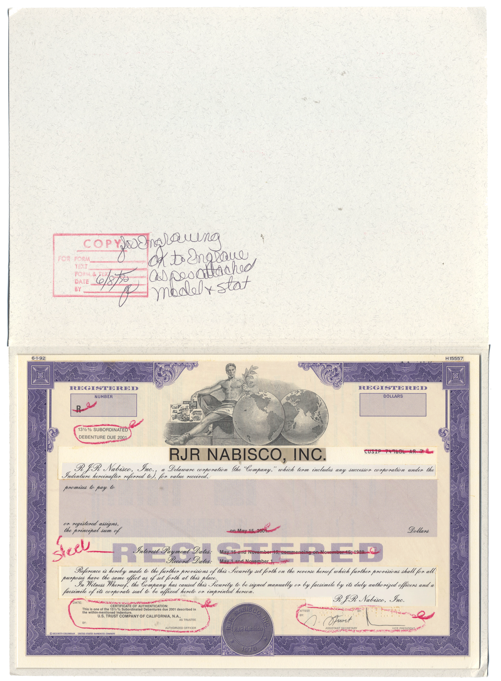 Working Proof from RJR Nabisco for the company's Registered Bonds