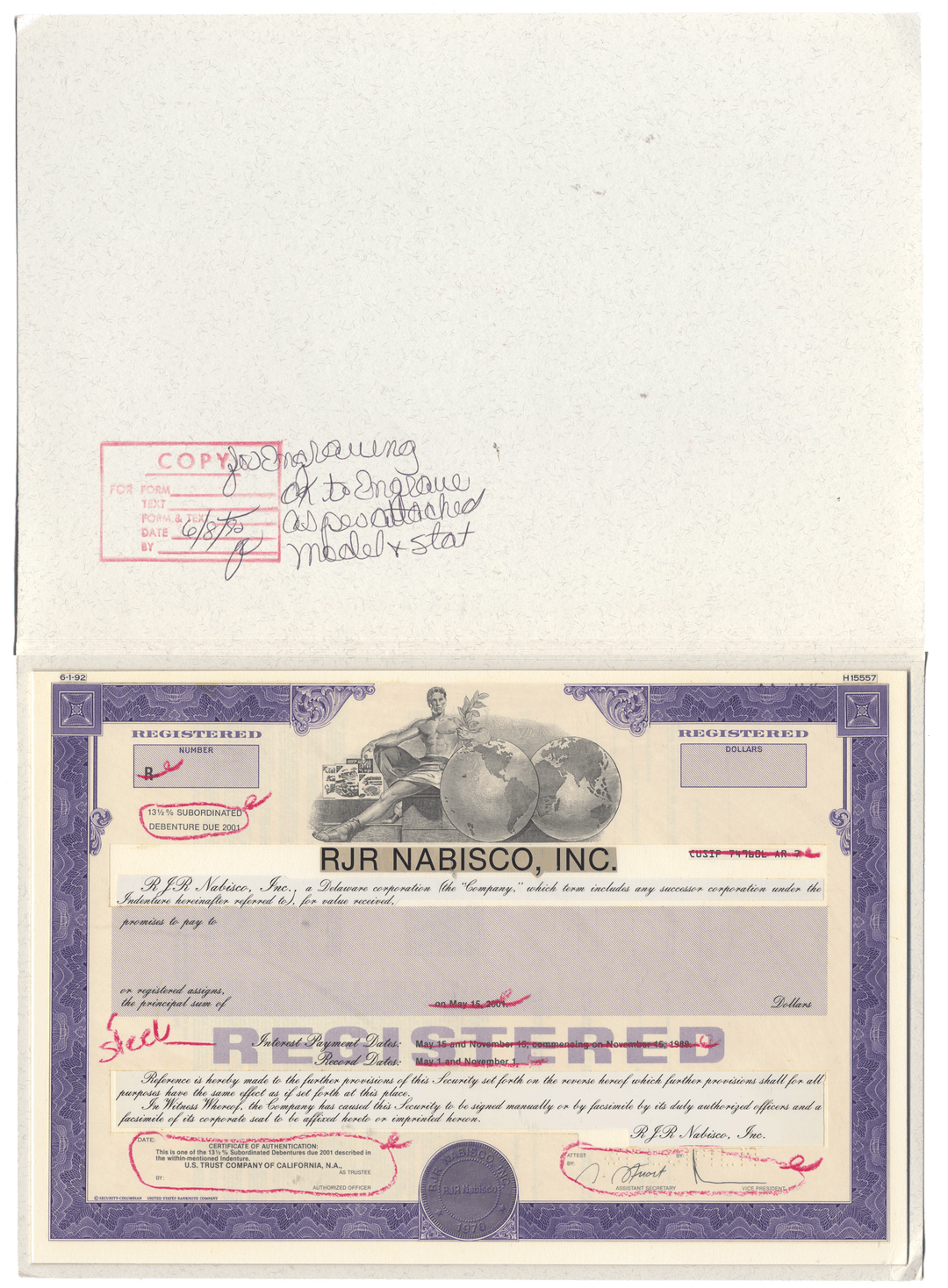 Working Proof from RJR Nabisco for the company's Registered Bonds