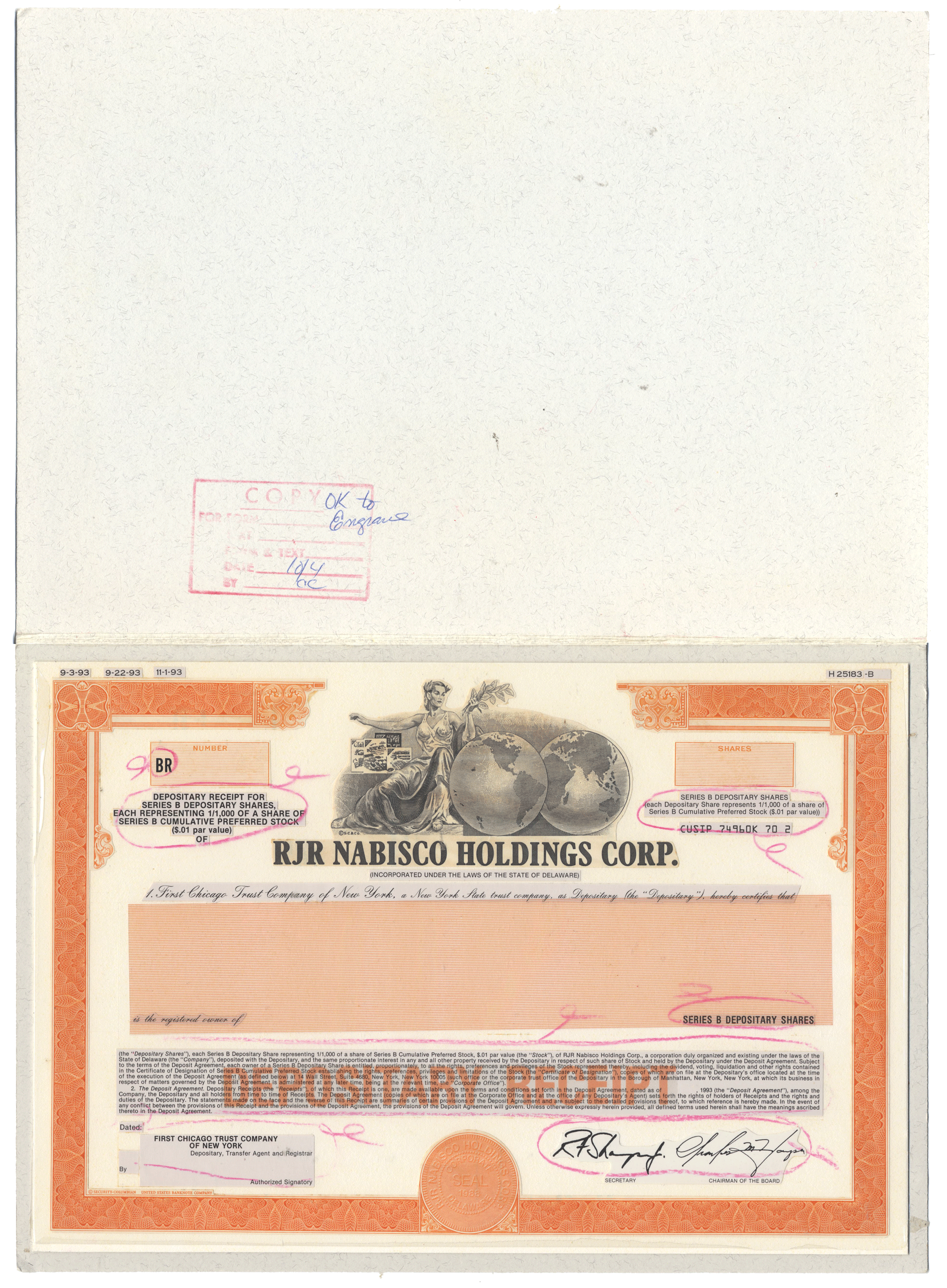 Working Proof from RJR Nabisco Holdings  for one of the company's Depositary Shares